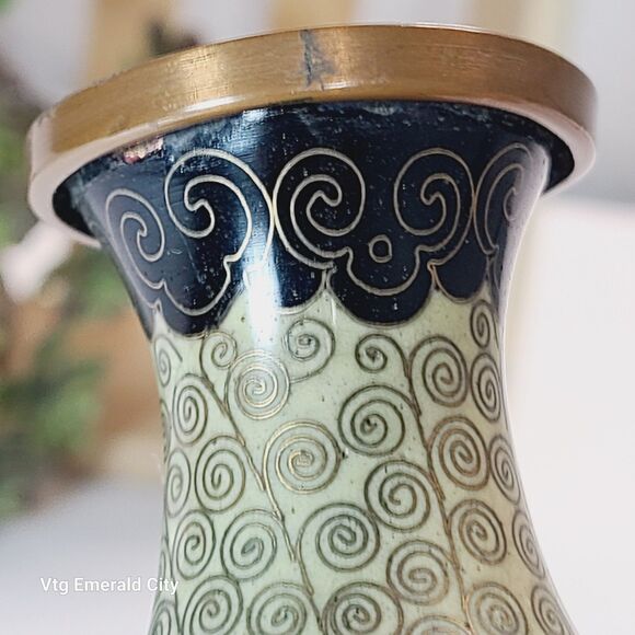VTG Japanese Vase Enamel on Copper Cream, Black & Gold Cloisonne Swirling 1930 - Picture 5 of 11